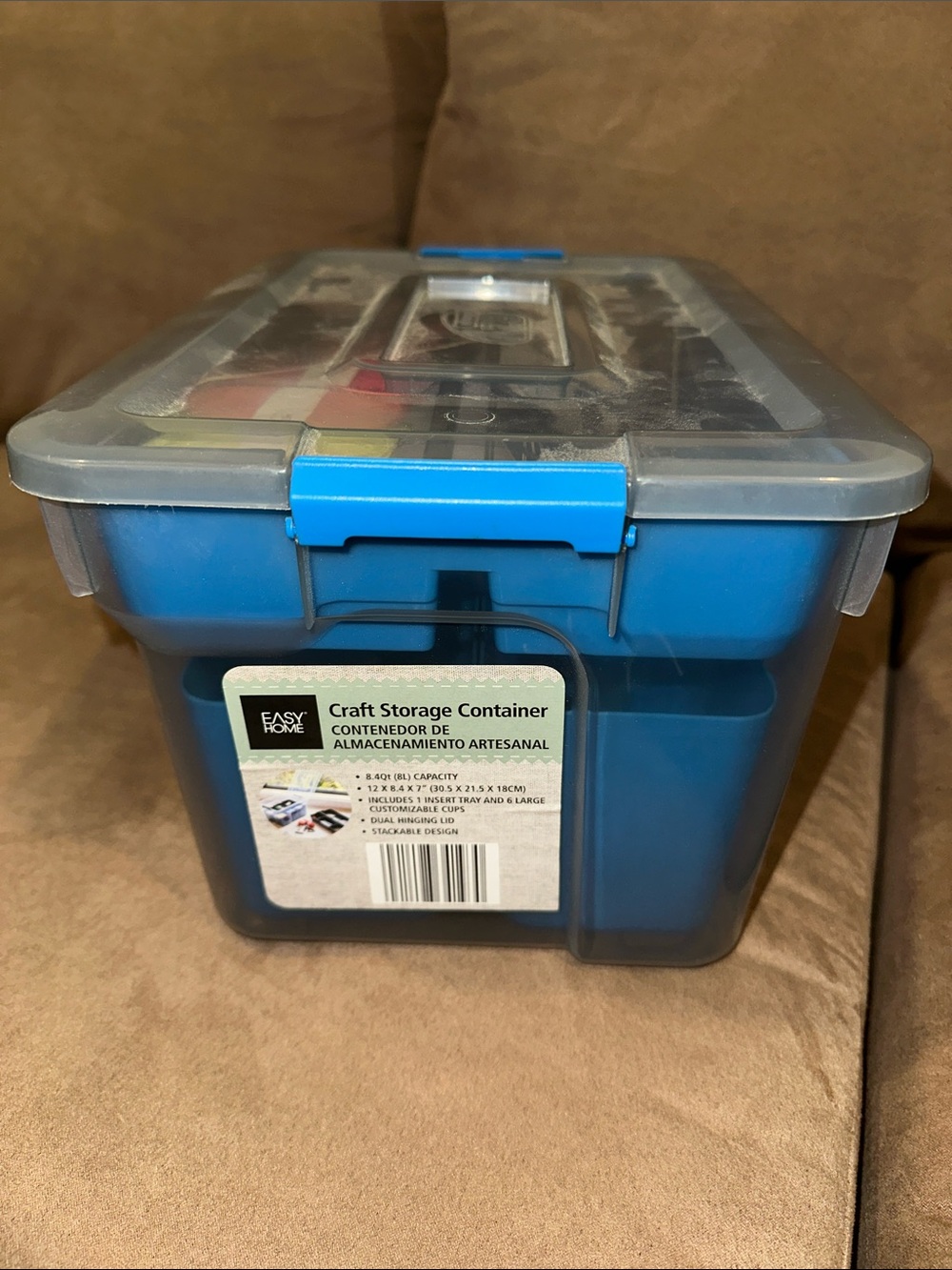 Easy Home Smoky Craft Storage Container w/Blue Insert Tray & 6 Lg Cups, Latch
